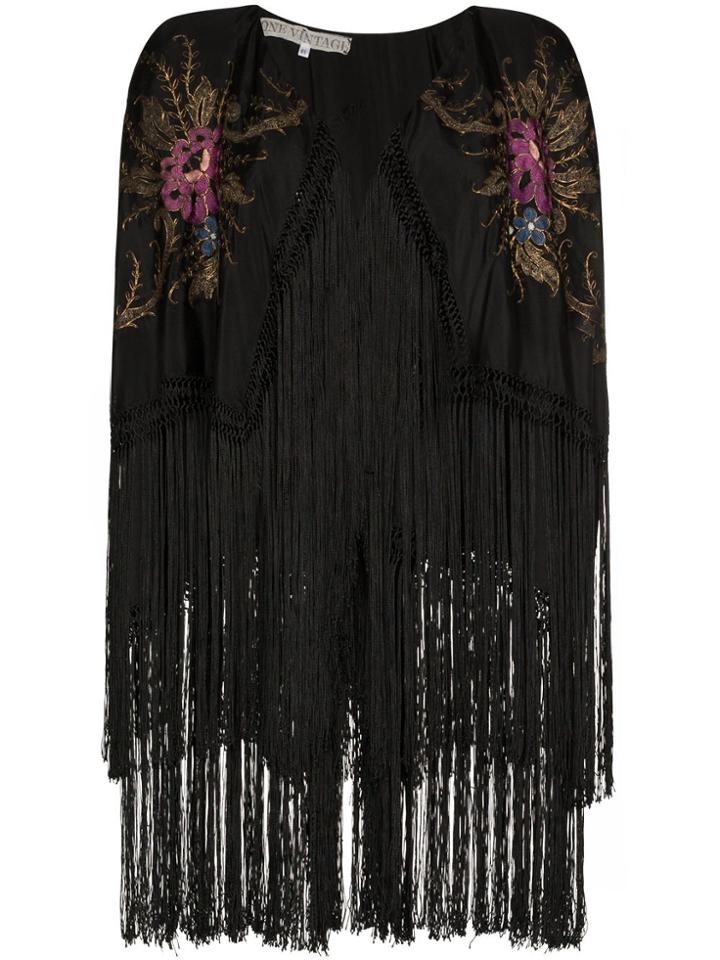 One Vintage Embroidered Fringed Kimono - Black