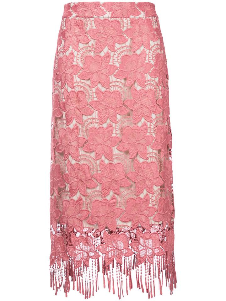 Alice+olivia - Fringed Lace Midi Skirt - Women - Polyester/spandex/elastane - 8, Pink/purple, Polyester/spandex/elastane