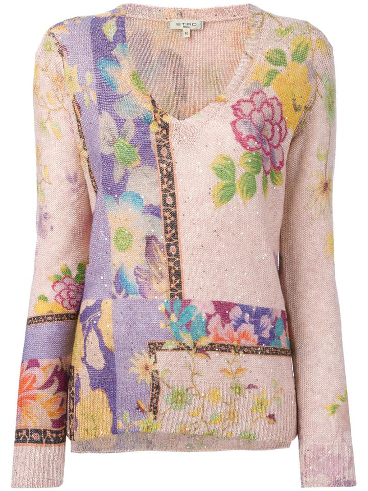 Etro Floral Print Jumper, Women's, Size: 40, Nude/neutrals, Linen/flax/polyamide