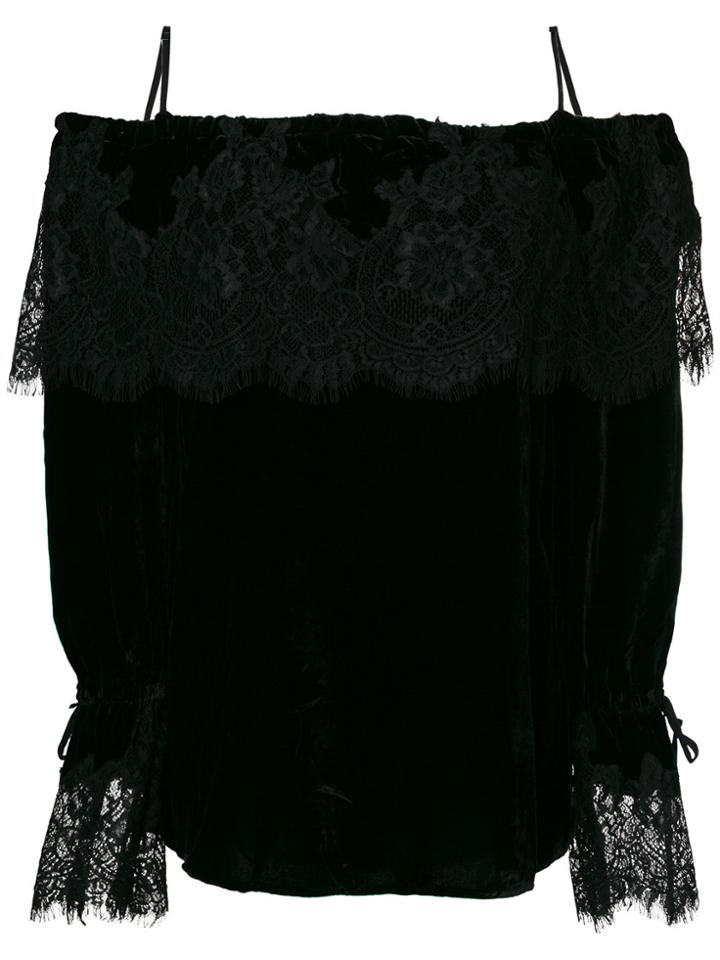 Gold Hawk Lace Trimmed Velvet Blouse - Black