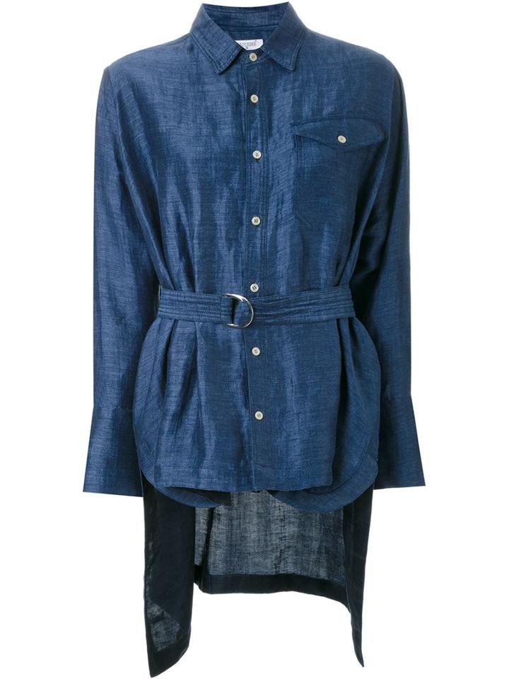 Fad Three Asymmetric Belt Shirt, Women's, Blue, Linen/flax/cupro
