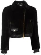 Moschino Cropped Faux Fur Biker Jacket, Women's, Size: 42, Black, Modacrylic/polyester/rayon