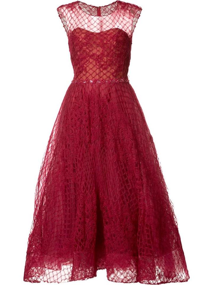 Marchesa Notte Sheer Panel Flared Dress, Women's, Size: 8, Red, Nylon