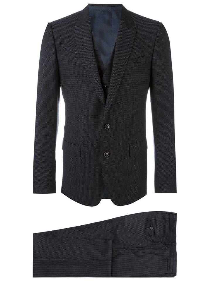 Dolce & Gabbana Three Piece Micro Dots Suit, Men's, Size: 52, Blue, Cupro/viscose/wool
