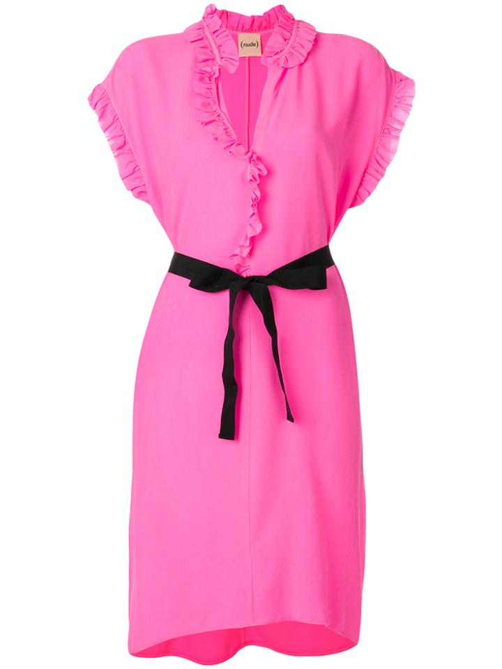 Nude Ruffled Trim Shirt Dress - Pink & Purple