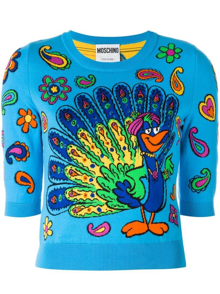 Moschino Peacock Intarsia Jumper, Women's, Size: 42, Blue, Cotton