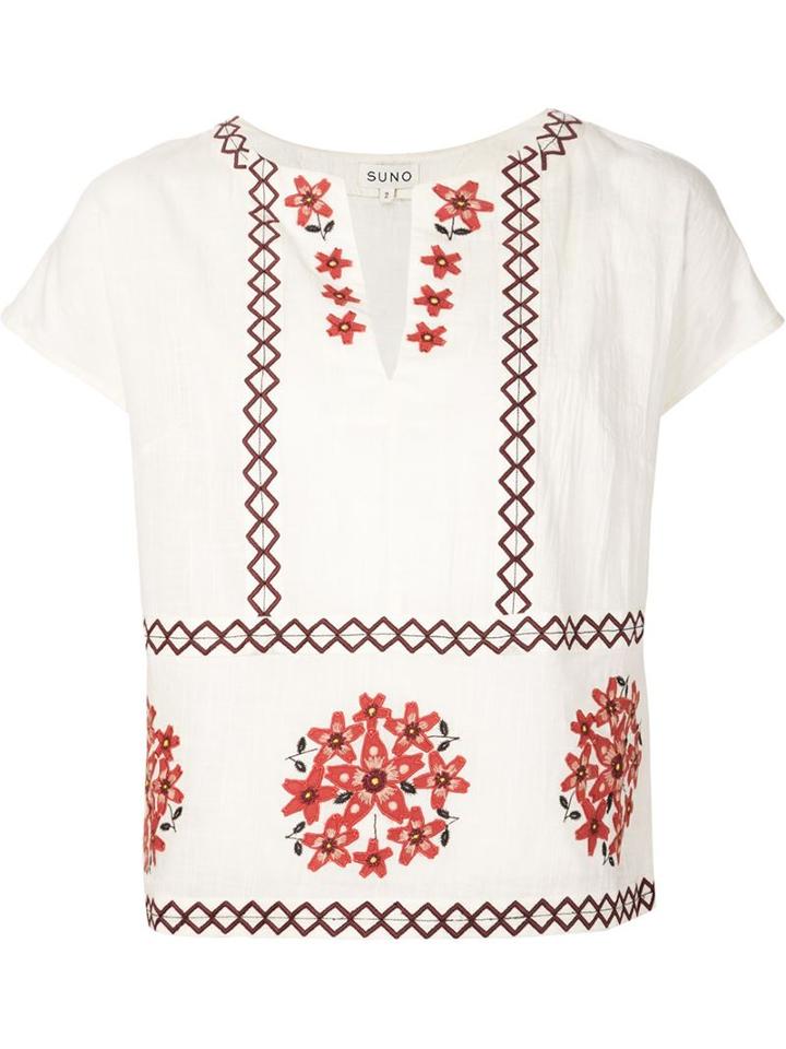 Suno Embroidered Short Sleeve Top, Women's, Size: 2, White, Cotton