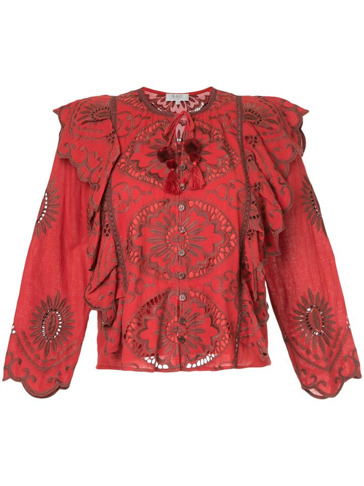 Sea Embroidered Blouse With Frill Trim