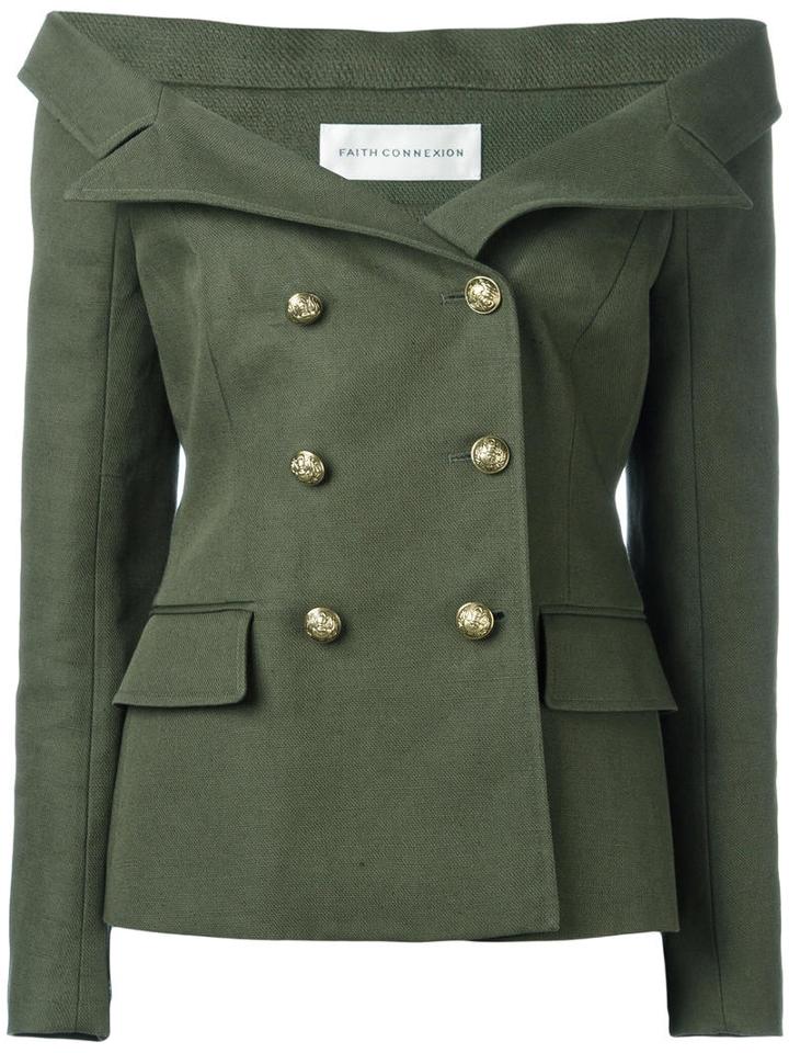 Faith Connexion Off-shoulders Double-breasted Blazer, Women's, Size: 40, Green, Cotton/linen/flax