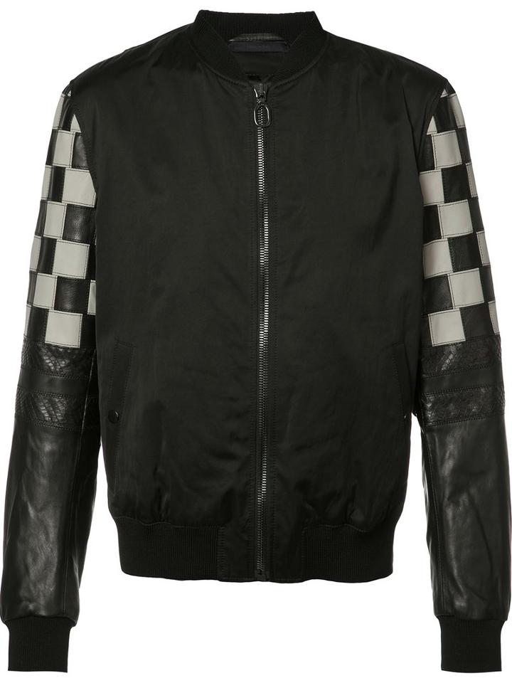 Lanvin Checked Sleeve Bomber Jacket, Men's, Size: 50, Black, Cupro/cotton/spandex/elastane/leather