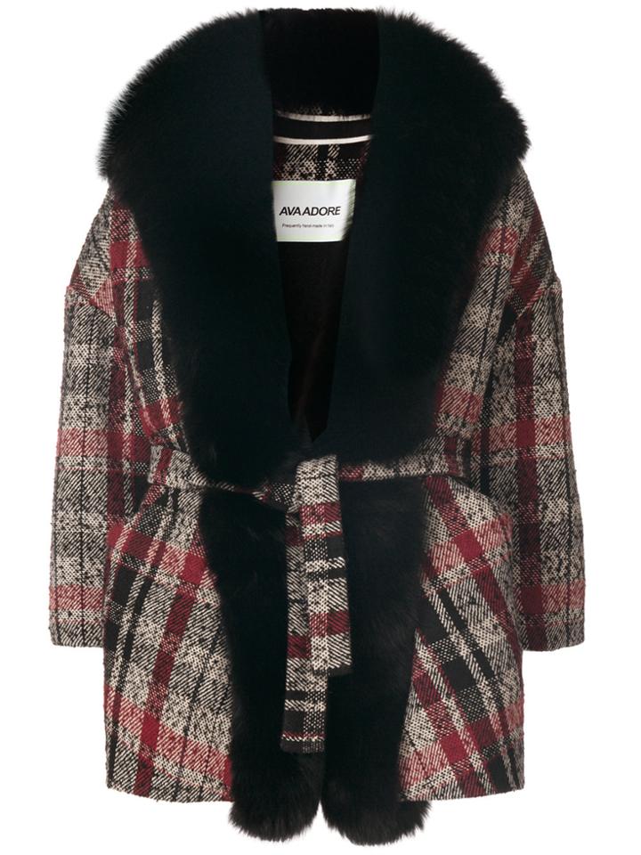 Ava Adore Fur Lapel Tartan Coat - Black