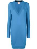 Nude V-neck Sweater Dress - Blue