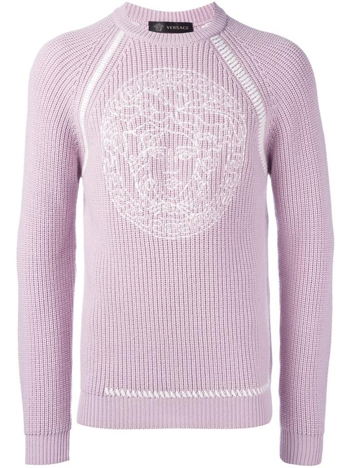 Versace Embroidered Medusa Sweater, Men's, Size: 52, Pink/purple, Wool