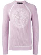 Versace Embroidered Medusa Sweater, Men's, Size: 52, Pink/purple, Wool