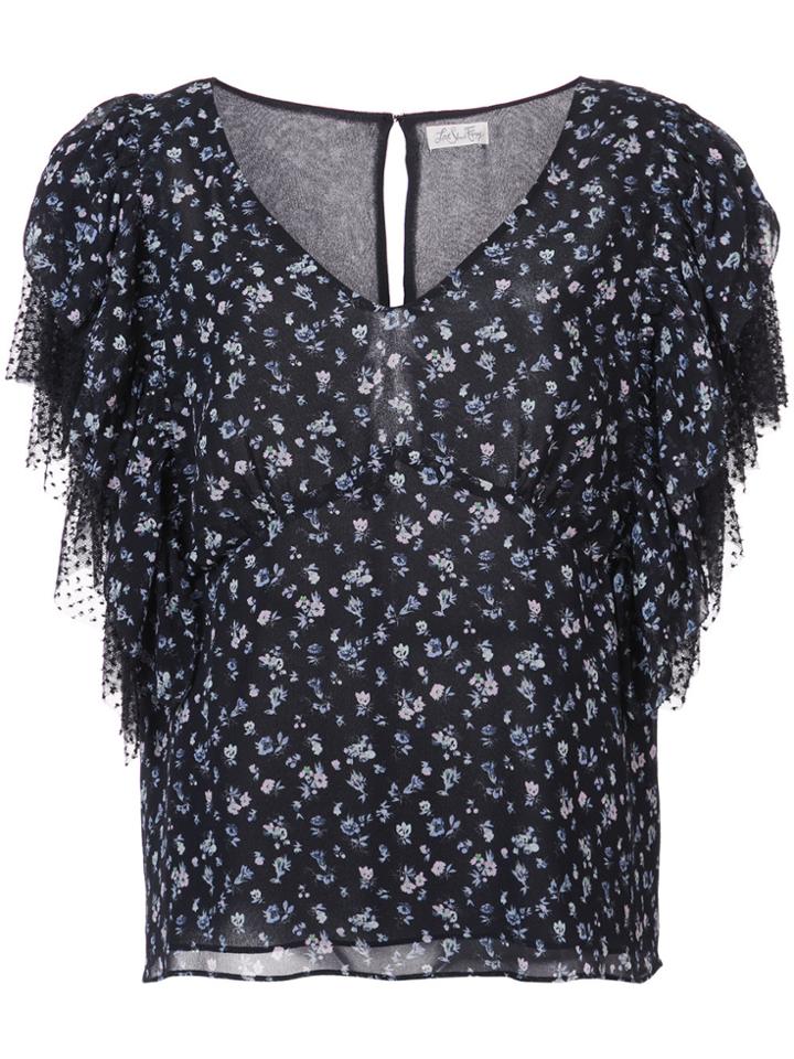 Love Shack Fancy Remy Floral Print Frill Sleeve Top - Black
