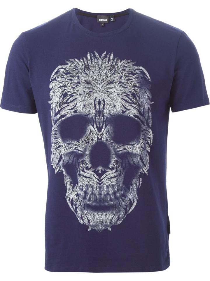 Just Cavalli Skull Print T-shirt, Men's, Size: S, Blue, Cotton/spandex/elastane