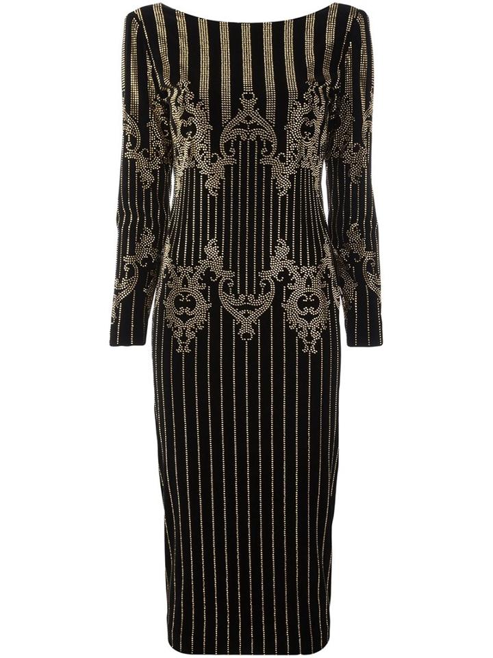 Balmain Studded Baroque Midi Dress, Women's, Size: 36, Black, Metal/cotton/spandex/elastane