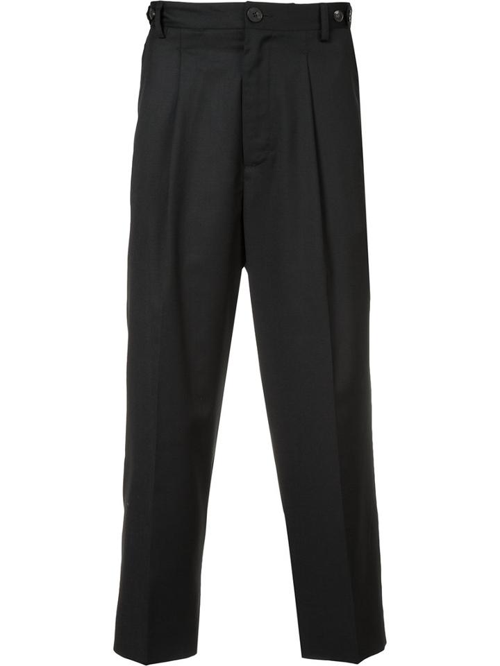 Icosae Pleat Detail Cropped Trousers, Men's, Size: Large, Black, Wool