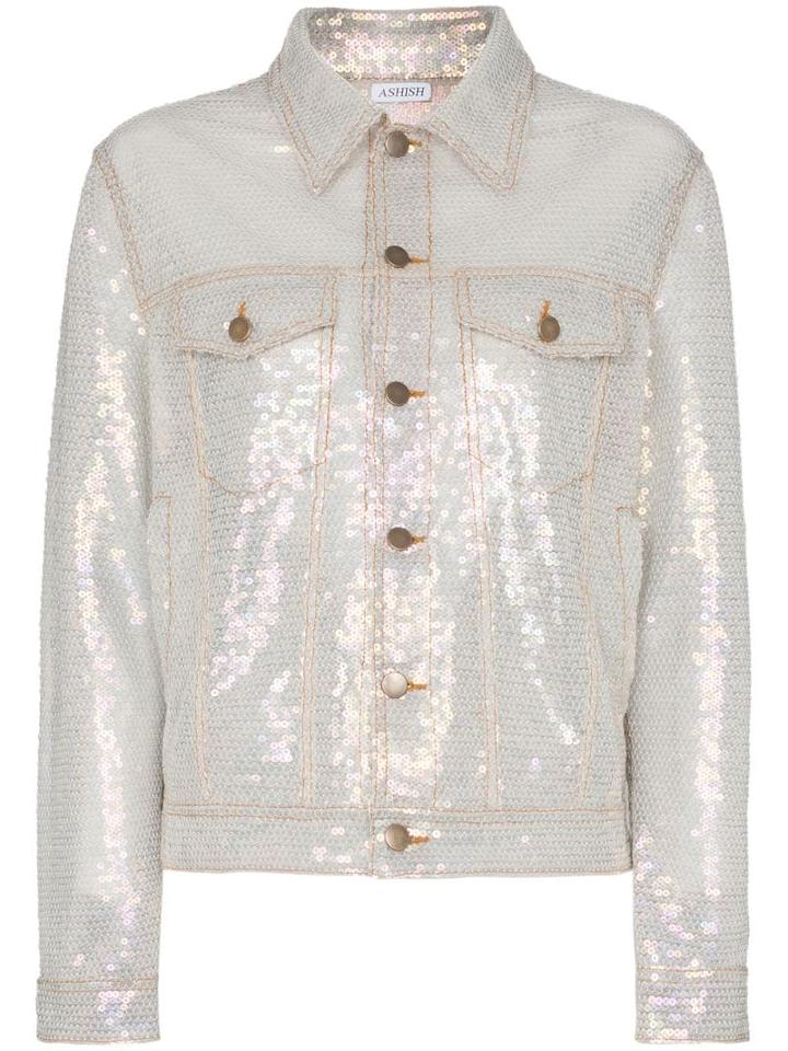 Ashish Sequin Embellished Collared Denim Style Jacket - Metallic