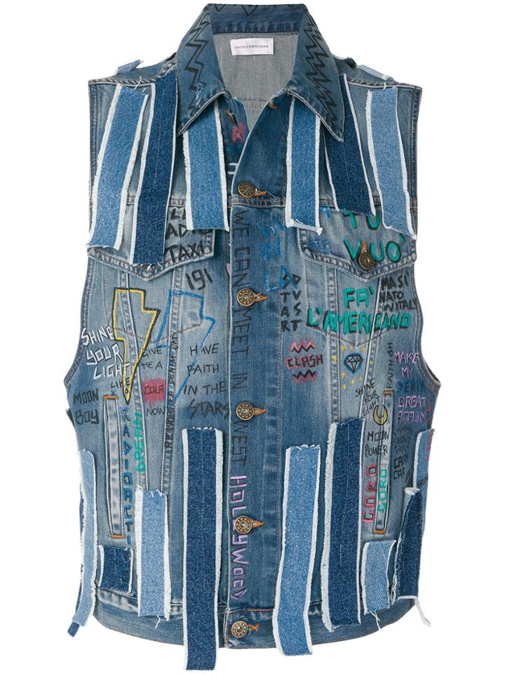 Faith Connexion Sleeveless Graffiti Denim Jacket - Blue