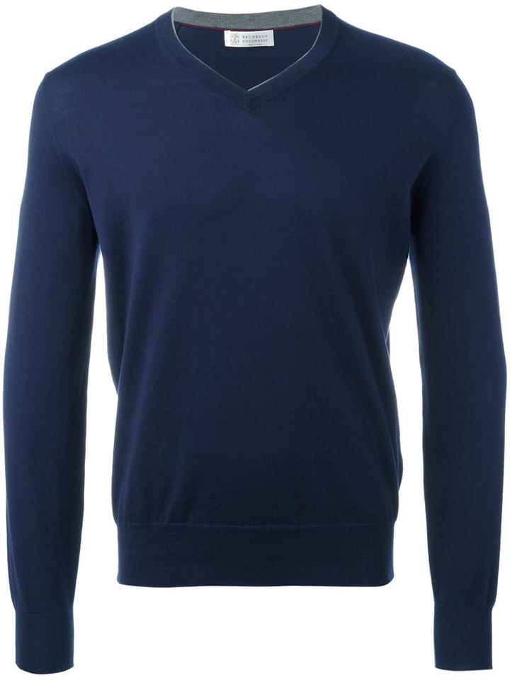 Brunello Cucinelli V-neck Jumper, Men's, Size: 50, Blue, Cotton