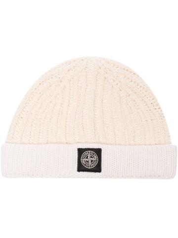 Stone Island White Wool Knit Beanie Hat