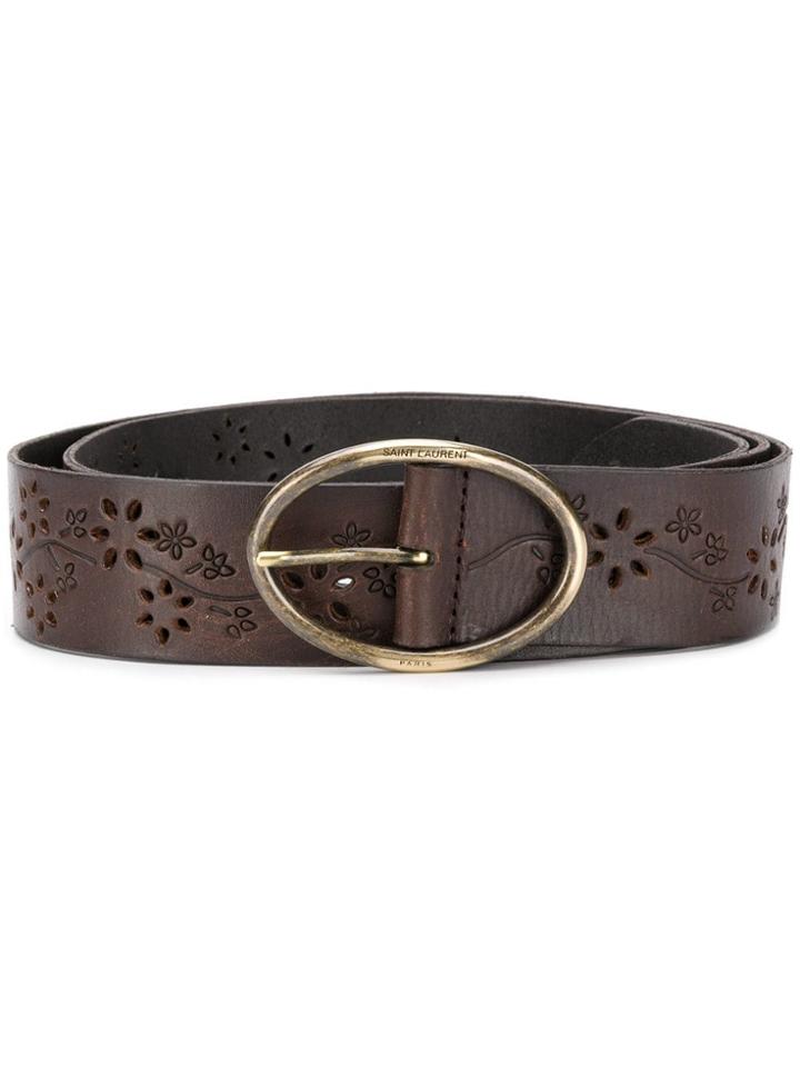 Saint Laurent Tooled Floral Oval Buckle Belt - Brown