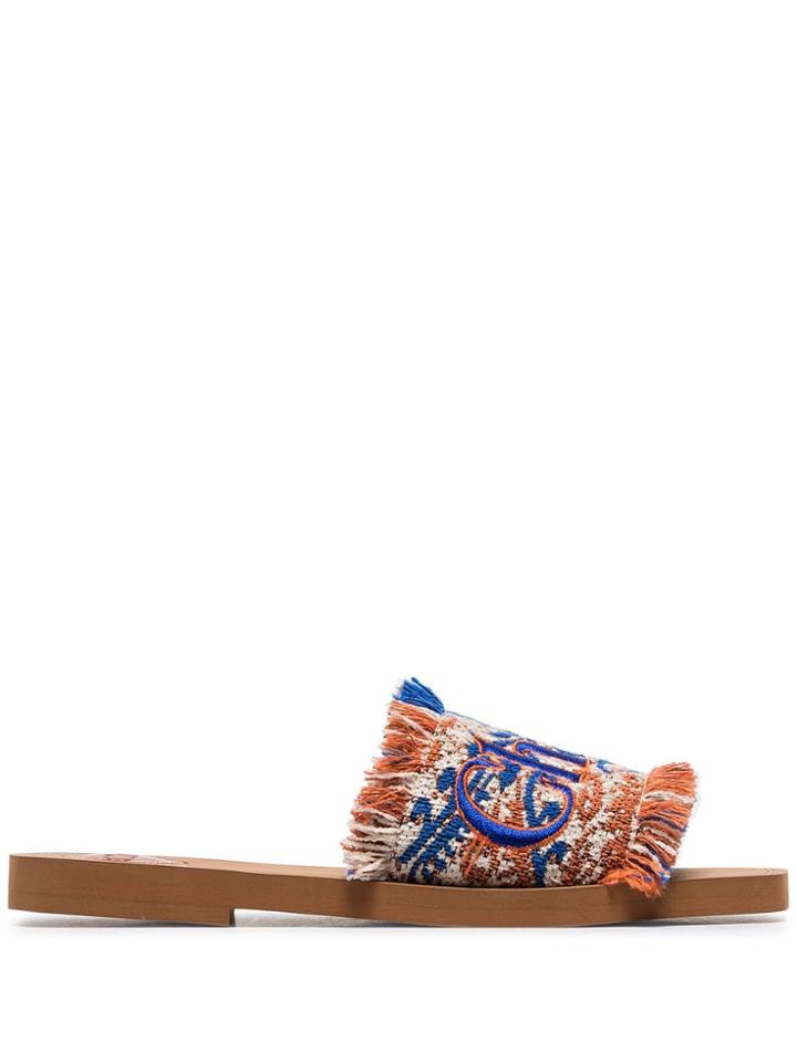 Chloé Blue Woody Logo Embroidered Tapestry Cotton Blend Slides - 425