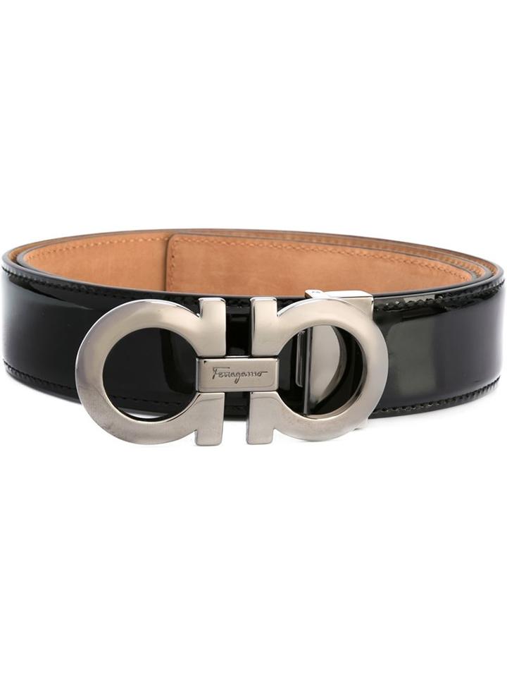 'double Gancini' Belt, Men's, Size: 115, Black, Patent Leather, Salvatore Ferragamo
