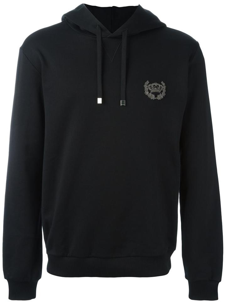 Dolce & Gabbana Embroidered Crown Hoodie, Men's, Size: 50, Black, Cotton/copper/metallic Fibre/polyester