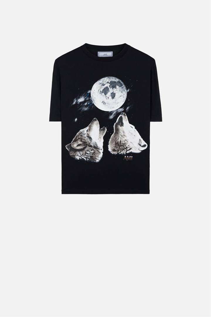 Ami Alexandre Mattiussi Wolf Print T-shirt, Men's, Size: Large, Black, Cotton