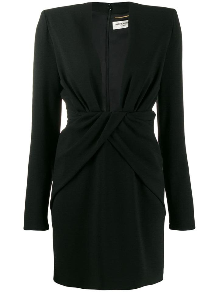 Saint Laurent Ruched Plunge Bodycon Dress - Black