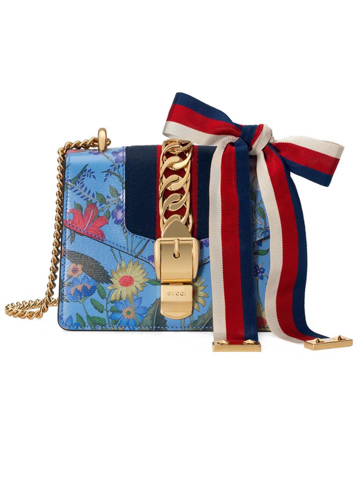 Gucci Sylvie New Flora Leather Mini Chain Bag - Blue