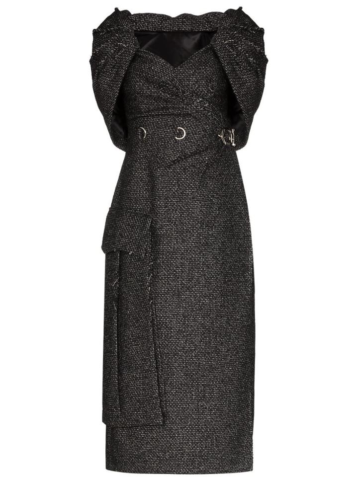 Prada Cape-effect Ruched Tweed Midi Dress - Black