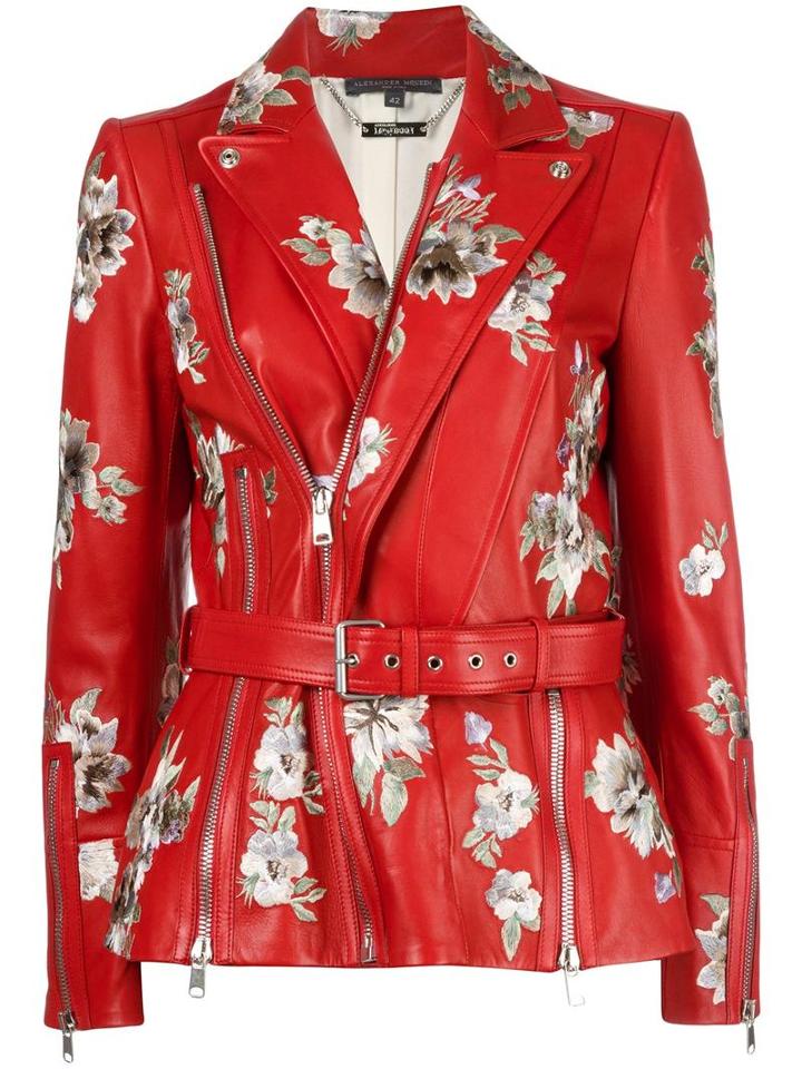 Alexander Mcqueen Floral Embroidered Biker Jacket, Women's, Size: 42, Red, Lamb Skin/viscose/silk