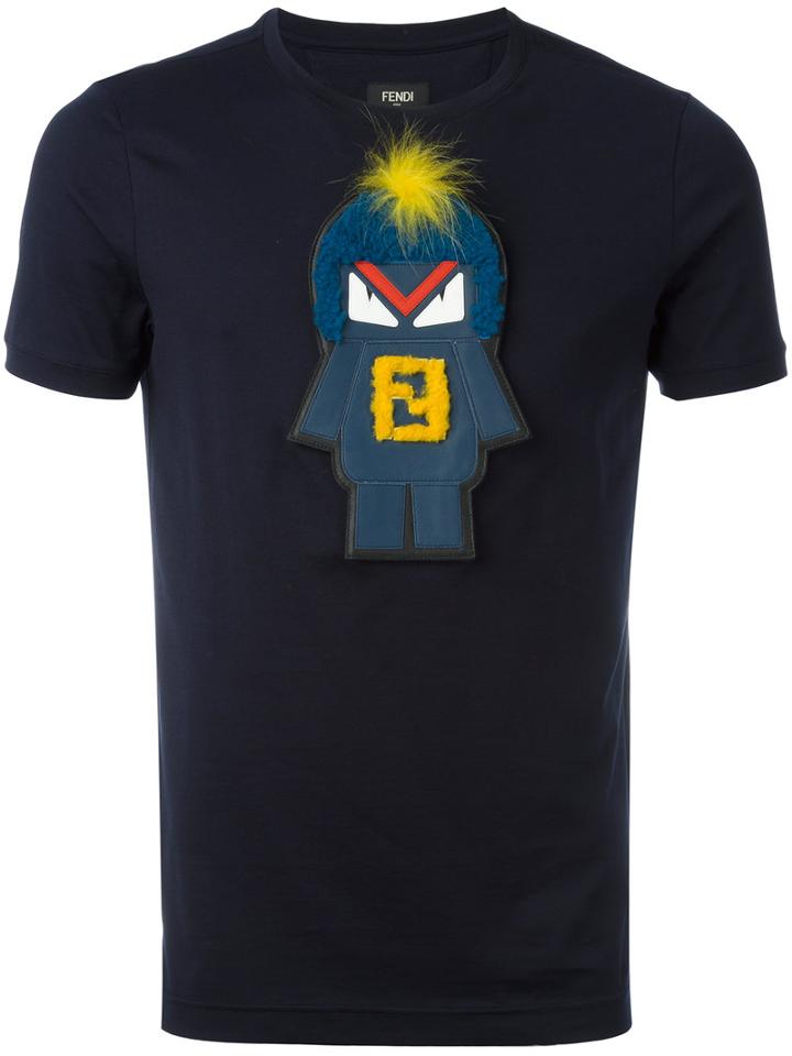 Fendi - Monsters T-shirt - Men - Cotton/fox Fur/lamb Skin/lamb Fur - 52, Blue, Cotton/fox Fur/lamb Skin/lamb Fur