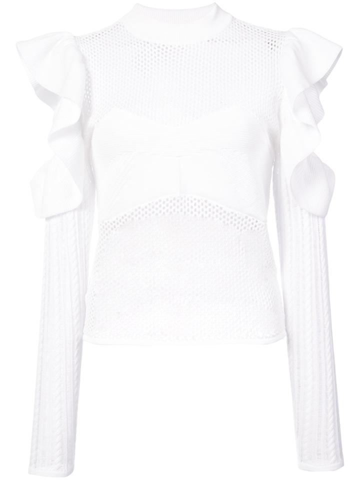 Self-portrait Mesh Ruffled Top - White