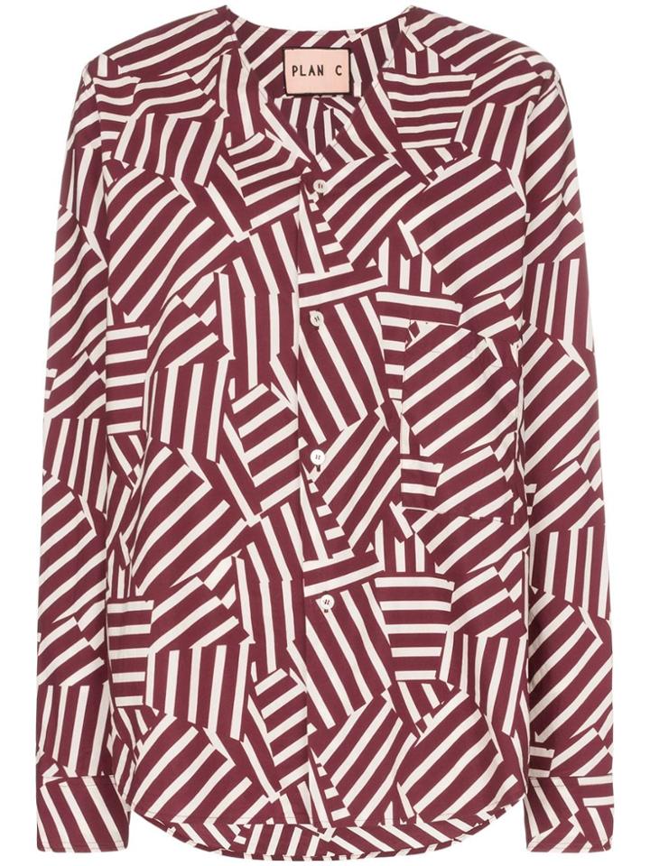 Plan C Geometric Print Collarless Shirt - Red
