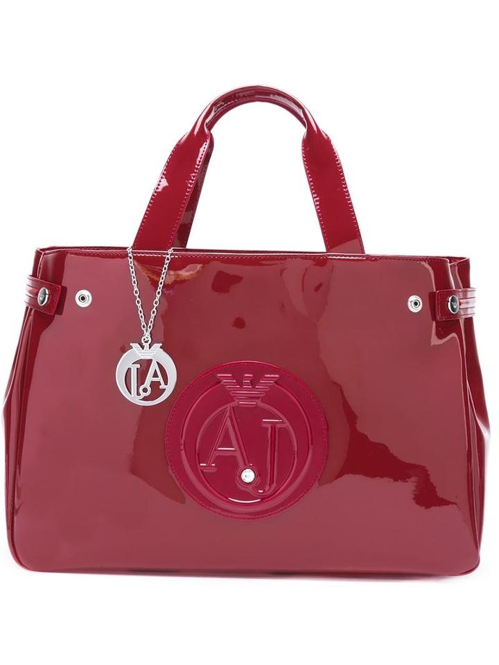 Armani Jeans Medium Logo Embossed Tote, Women's, Red, Polyethylene