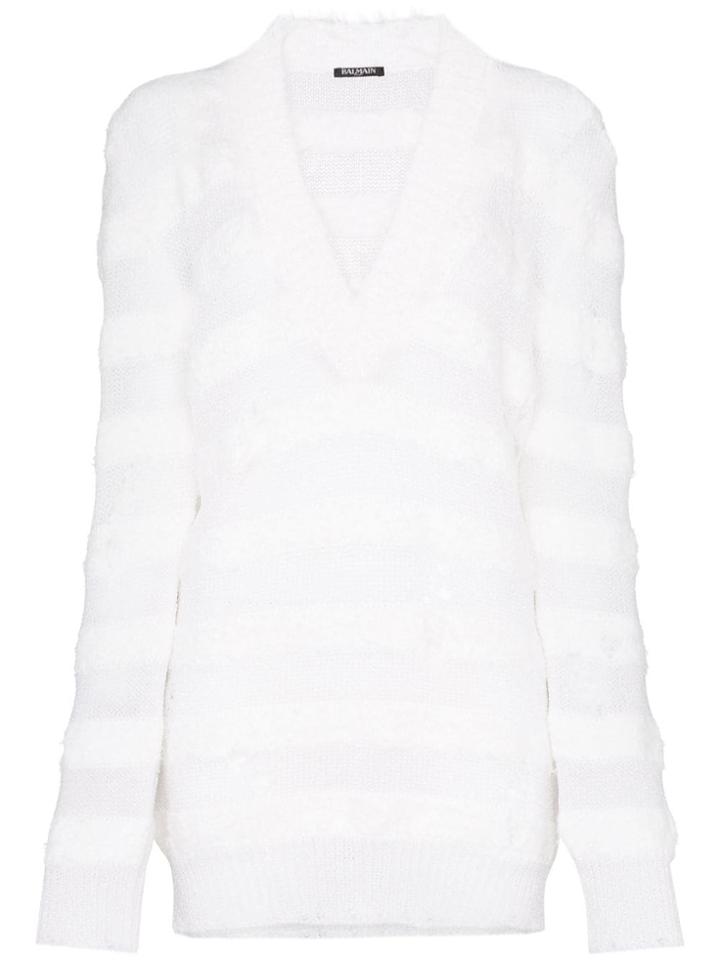 Balmain Striped V-neck Knitted Jumper - White