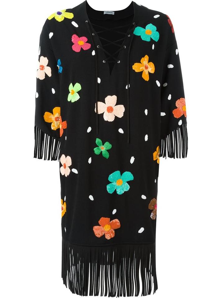 Au Jour Le Jour Floral Sequinned Lace-up Dress, Women's, Size: 38, Black, Polyester/spandex/elastane/pvc