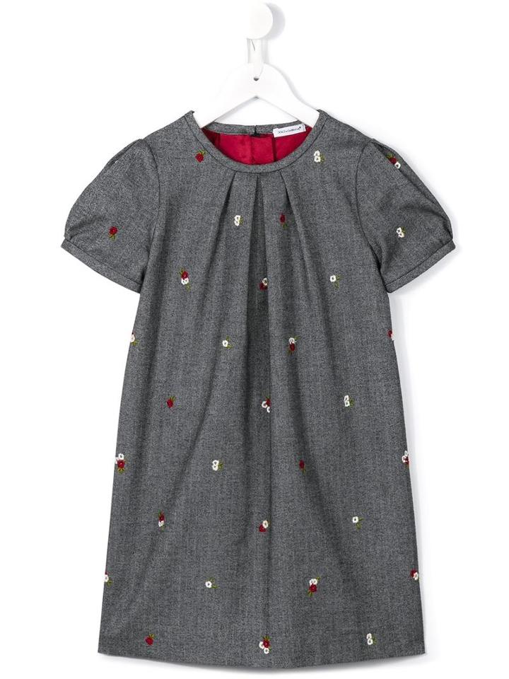 Dolce & Gabbana Kids Floral Embroidered Herringbone Dress, Toddler Girl's, Size: 2 Yrs, Grey