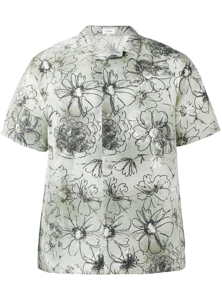 Jil Sander - Flower Print Shortsleeved Shirt - Men - Silk/linen/flax - 40, Green, Silk/linen/flax