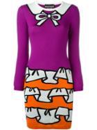 Boutique Moschino Ruffle Intarsia Dress, Women's, Size: 38, Pink/purple, Virgin Wool