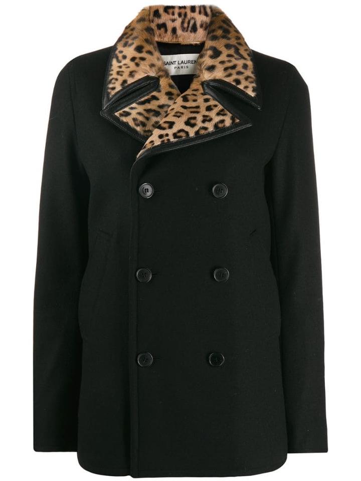 Saint Laurent Leopard Print Collar Double-breasted Coat - Black