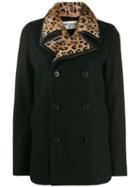 Saint Laurent Leopard Print Collar Double-breasted Coat - Black
