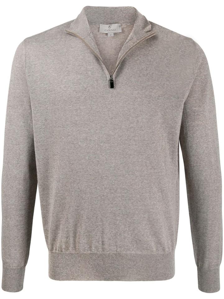 Canali Zipped Funnel-neck Pullover - Neutrals