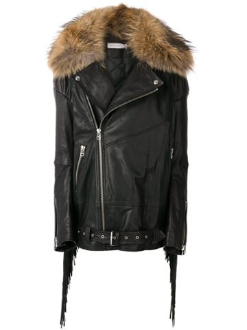 Faith Connexion Jacket With Fringe And Racoon Fur Collar - Black