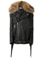 Faith Connexion Jacket With Fringe And Racoon Fur Collar - Black