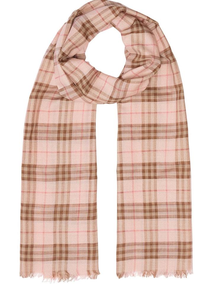 Burberry Metallic Check Wool Silk Blend Scarf - Pink & Purple